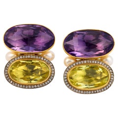 Elizabeth Gage amethyst citrine pearl diamond 18k yellow gold cocktail earrings