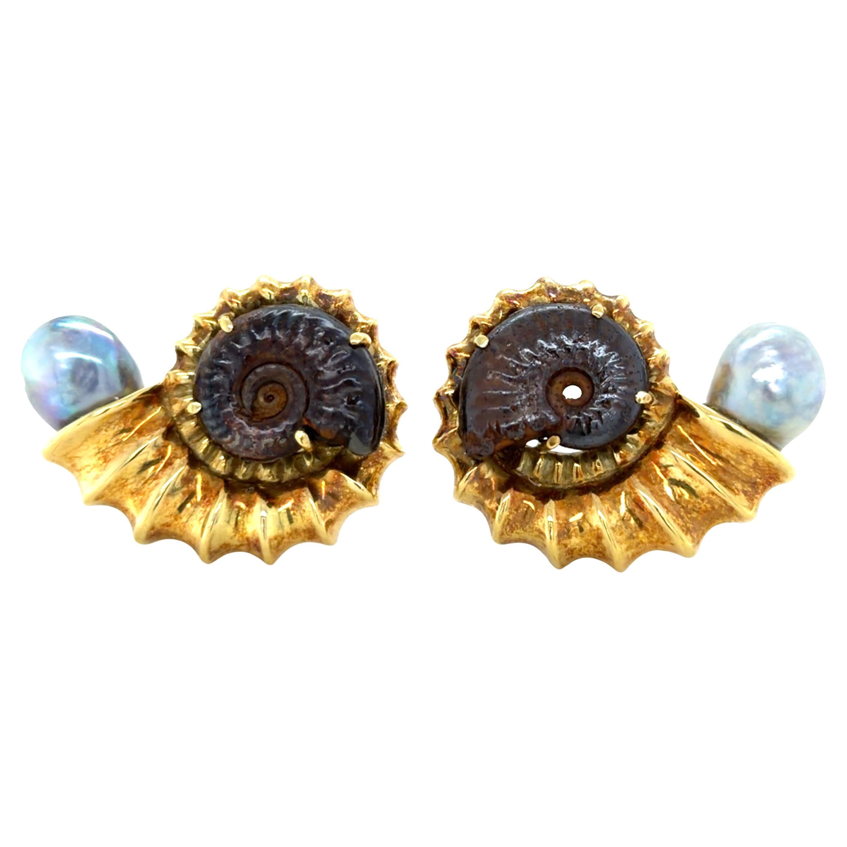 Elizabeth Gage, Ammonite and Tahitian Pearl Nautilus Shell Earrings For Sale