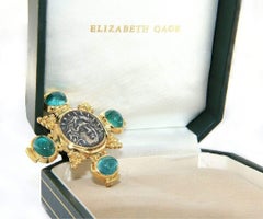 Elizabeth Gage Ancient Coin and Aquamarine Cabochon Brooch in 18K with Box