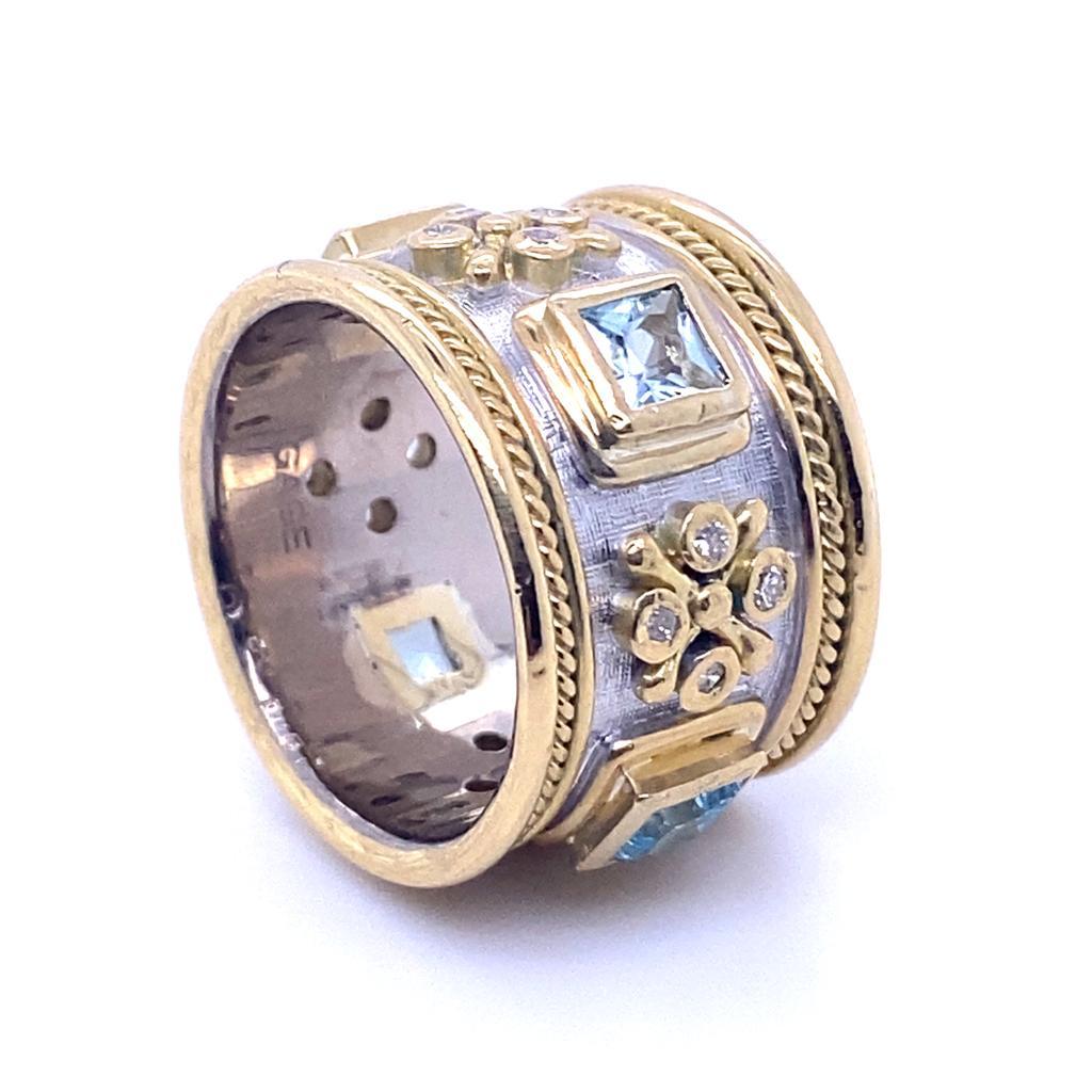 Elizabeth Gage Anillo templario de oro amarillo de 18 quilates con aguamarina y diamantes circa 1990 Retro