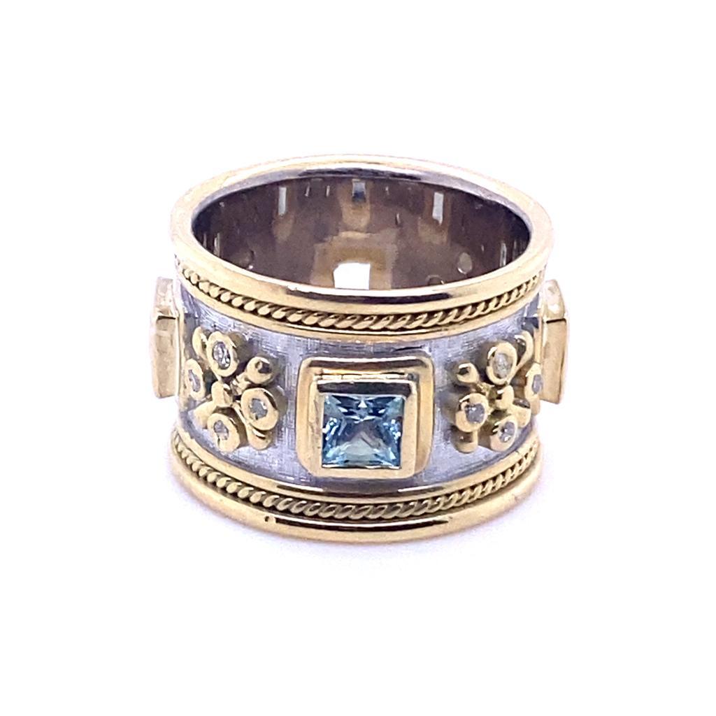 Elizabeth Gage Anillo templario de oro amarillo de 18 quilates con aguamarina y diamantes circa 1990 en Bueno Estado en London, GB