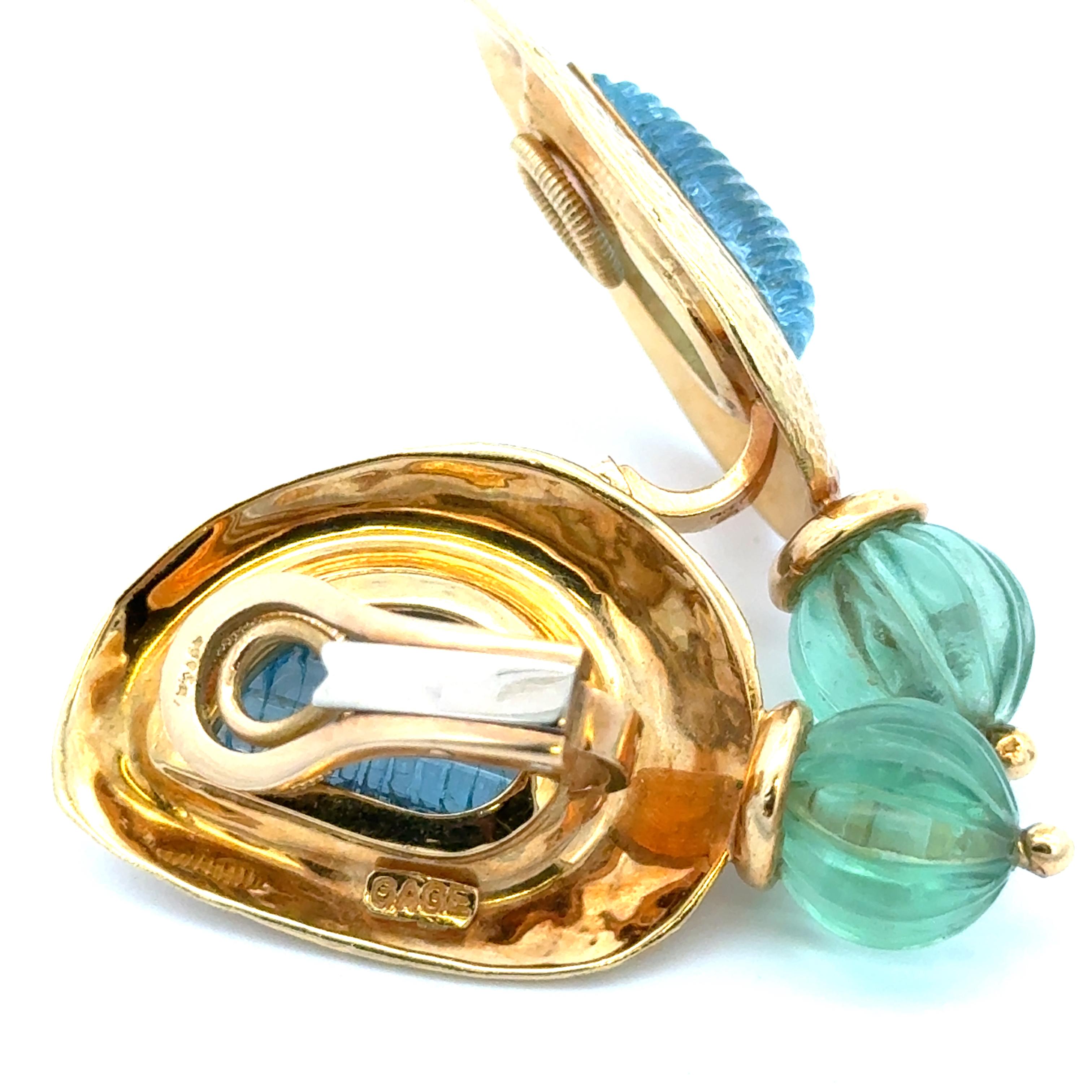 Elizabeth Gage Aquamarin & Fluorit Ohrringe in 18K Gelbgold. Die Ohrringe messen 1,50