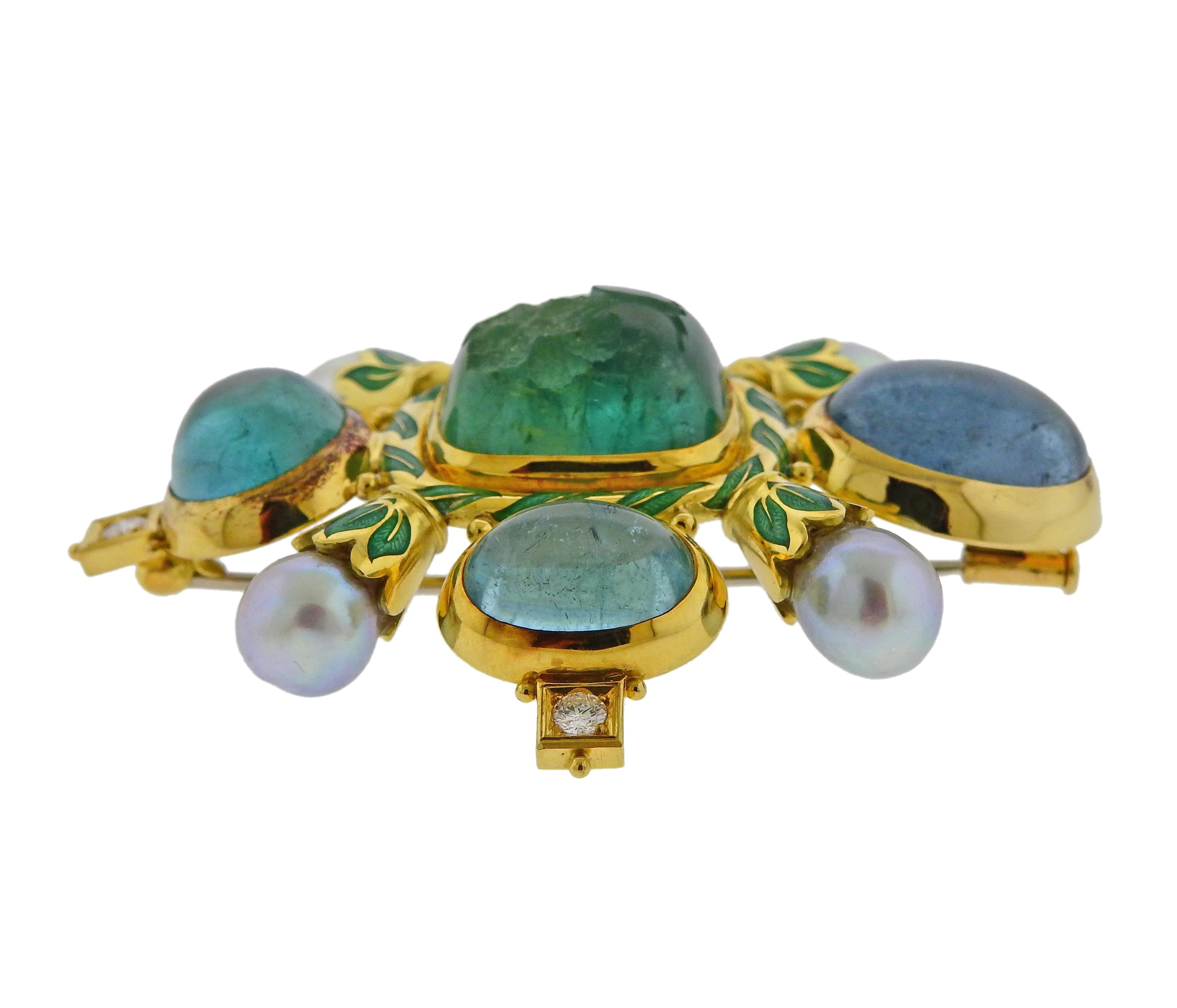 Impressive 18k gold Elizabeth Gage brooch, set with aquamarine cabochons and intaglio, surrounded with 0.40ctw in G/VS diamonds and pearls. Brooch is 65mm x 58mm. Weight is 55.6 grams. Marked:  Gage, 750, English marks. 