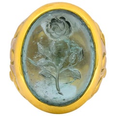 Elizabeth Gage British 1999 Vintage Aquamarine 18 Karat Gold Rose Ring