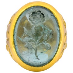 Elizabeth Gage British 1999 Vintage Aquamarine 18 Karat Gold Rose Ring