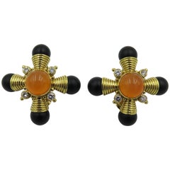 Elizabeth Gage Carnelian, Onyx and Diamond Kiss Earrings