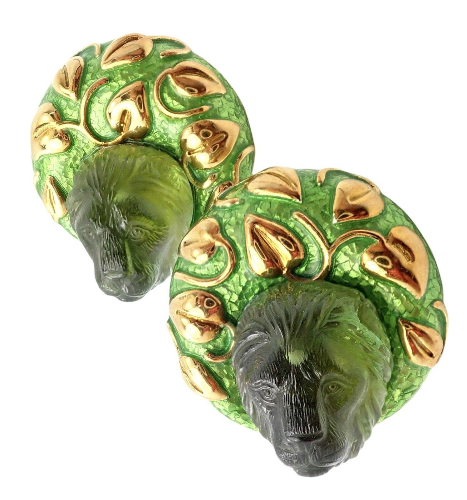 18k Yellow Gold Carved Peridot Green Enamel Lion Earrings by Elizabeth Gage. 
With 2x Peridot: 16mm x 19mm
Details:
Measurements: 29mm x 29mm
Weight:  49.2 grams
Stamped Hallmarks: GAGE 750 and Vintage Stamps
*Free Shipping within the United