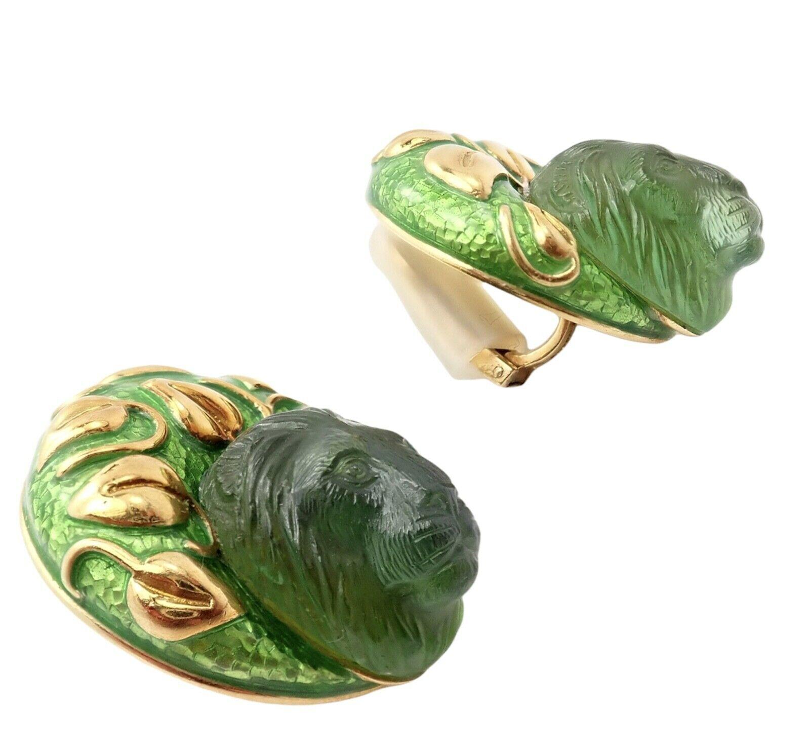 Mixed Cut Elizabeth Gage Carved Peridot Green Enamel Yellow Gold Large Lion Earrings For Sale