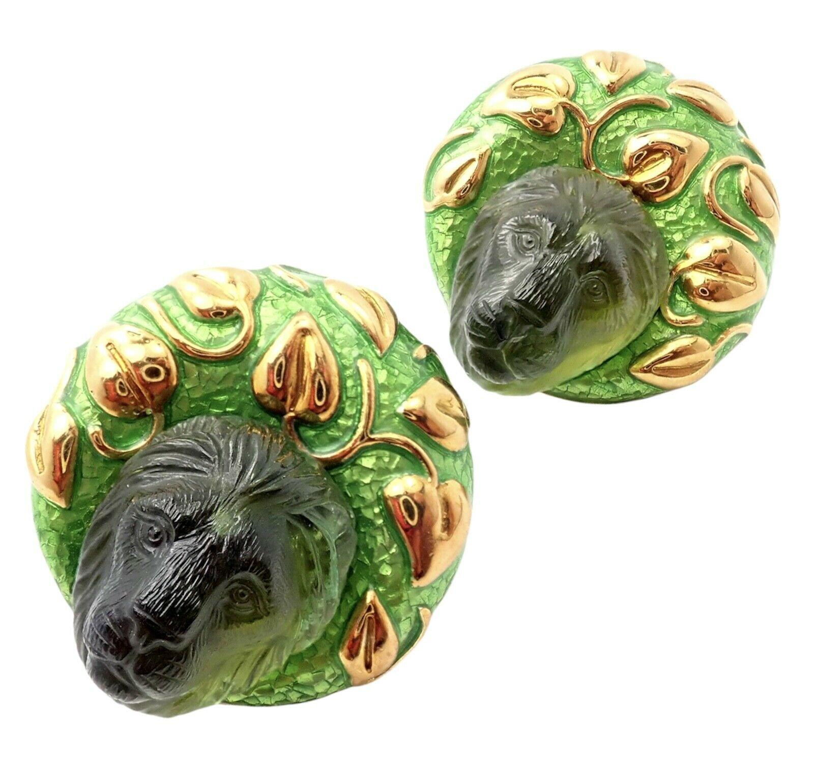Elizabeth Gage Carved Peridot Green Enamel Yellow Gold Large Lion Earrings In Excellent Condition For Sale In Holland, PA