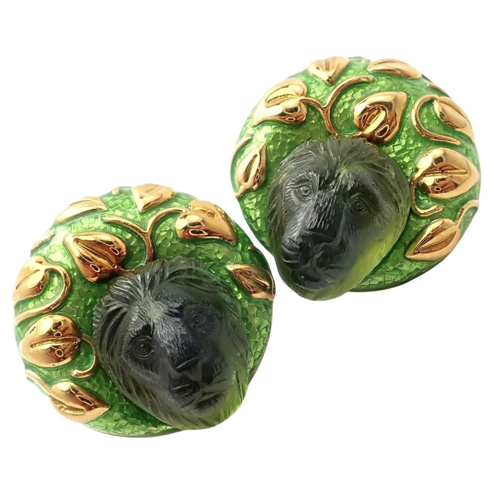 Elizabeth Gage Carved Peridot Green Enamel Yellow Gold Large Lion Earrings For Sale