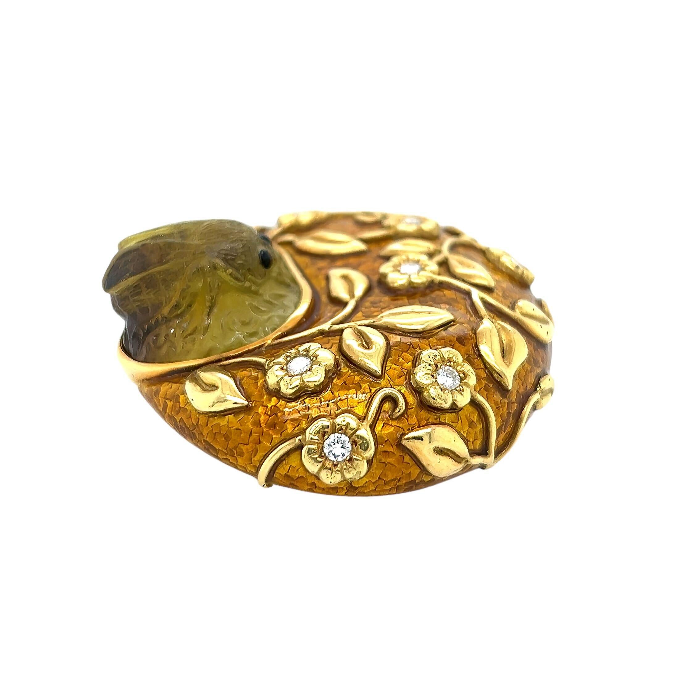 Round Cut ELIZABETH GAGE Carved Stone Enamel Diamond Brooch For Sale