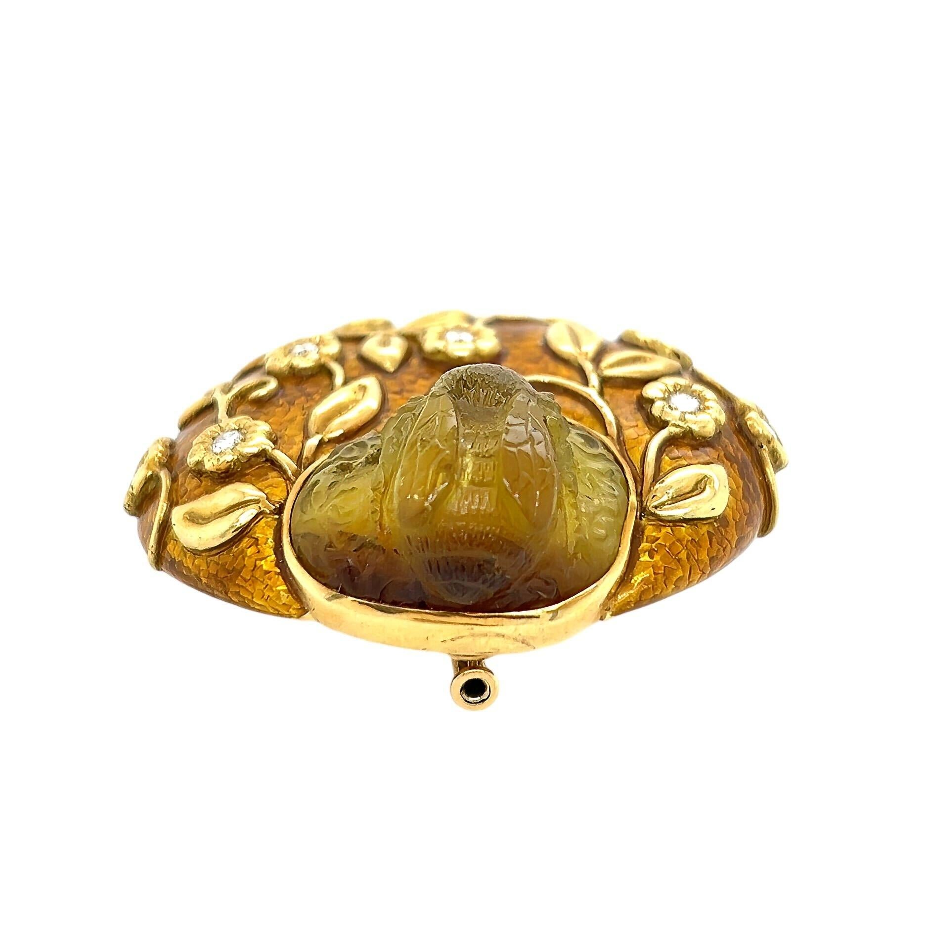 ELIZABETH GAGE Carved Stone Enamel Diamond Brooch In Good Condition For Sale In New York, NY
