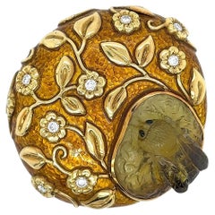 ELIZABETH GAGE Carved Stone Enamel Diamond Brooch