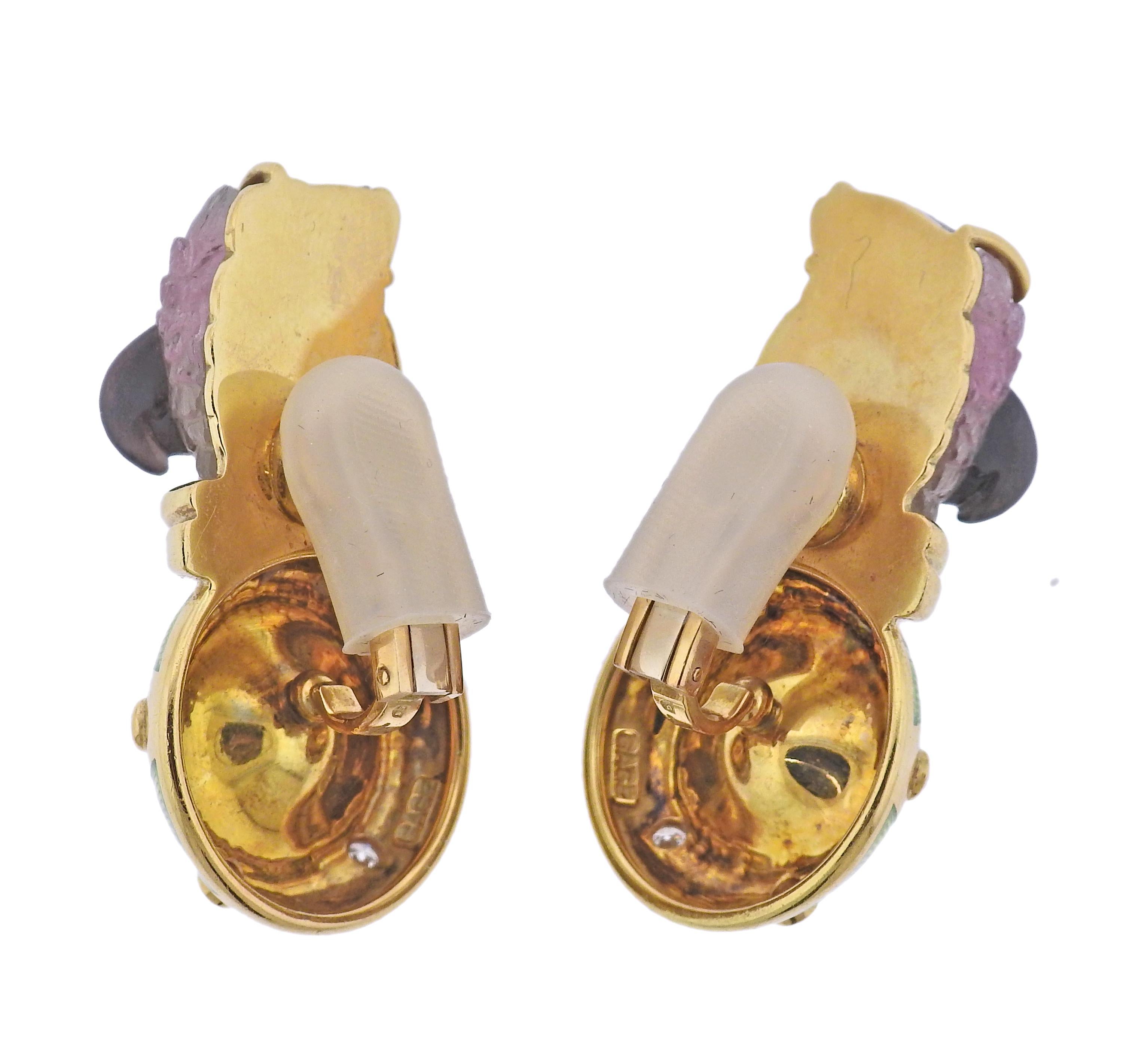 Pair of 18k gold earrings by Elizabeth Gage, featuring carved tourmaline parrot heads, approx. 0.20ctw G/VS diamonds and 11.8mm pearls.  Earrings are 43mm x 24mm. Marked: Gage, English marks.  Weight - 47.1 grams.