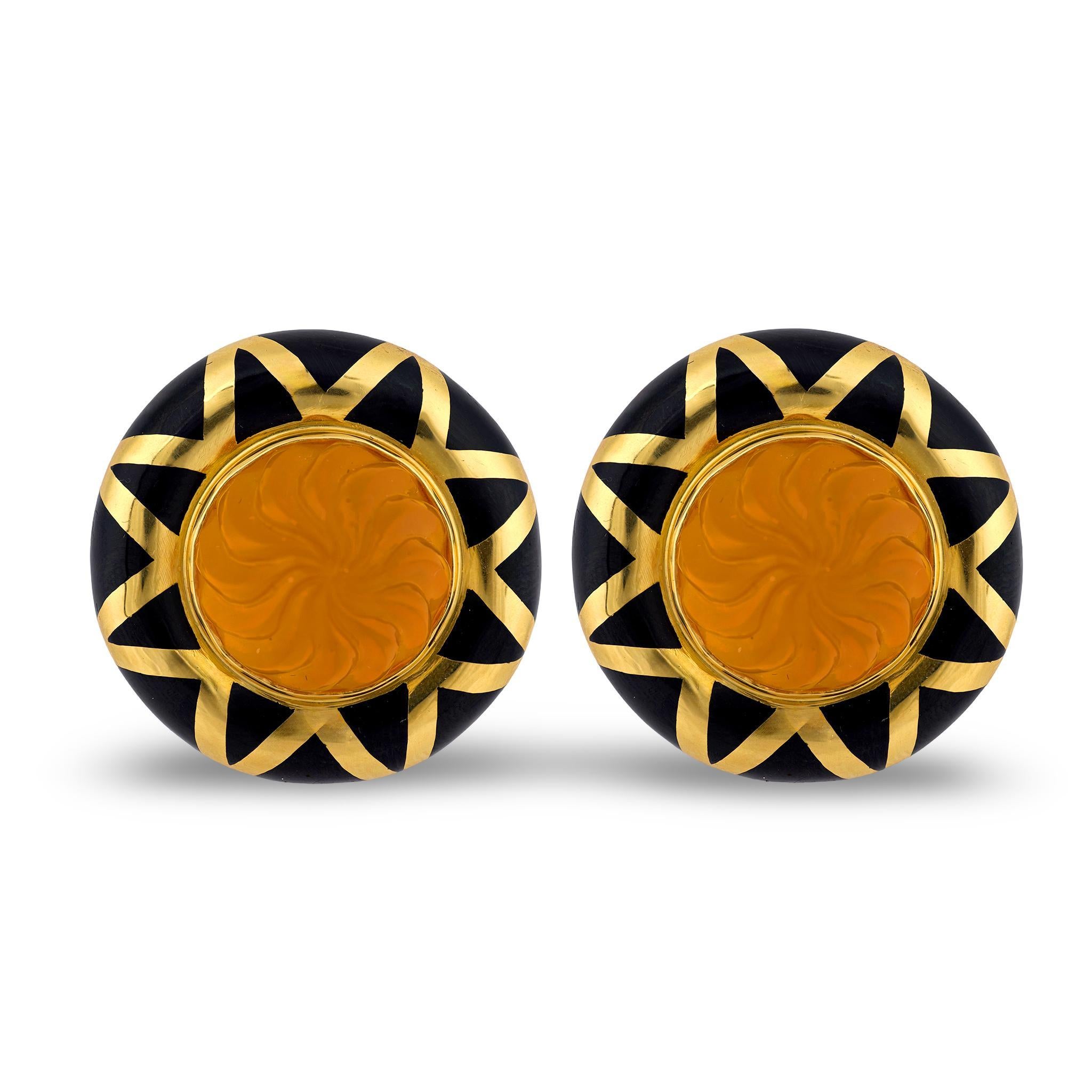 Elizabeth Gage citrine 18k yellow gold enamel earrings For Sale