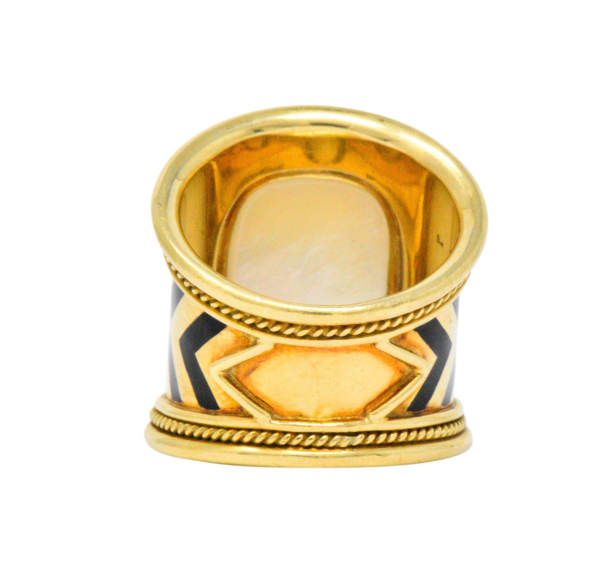 Women's or Men's Elizabeth Gage Citrine Mother of Pearl Enamel 18 Karat Gold Cocktail Ring