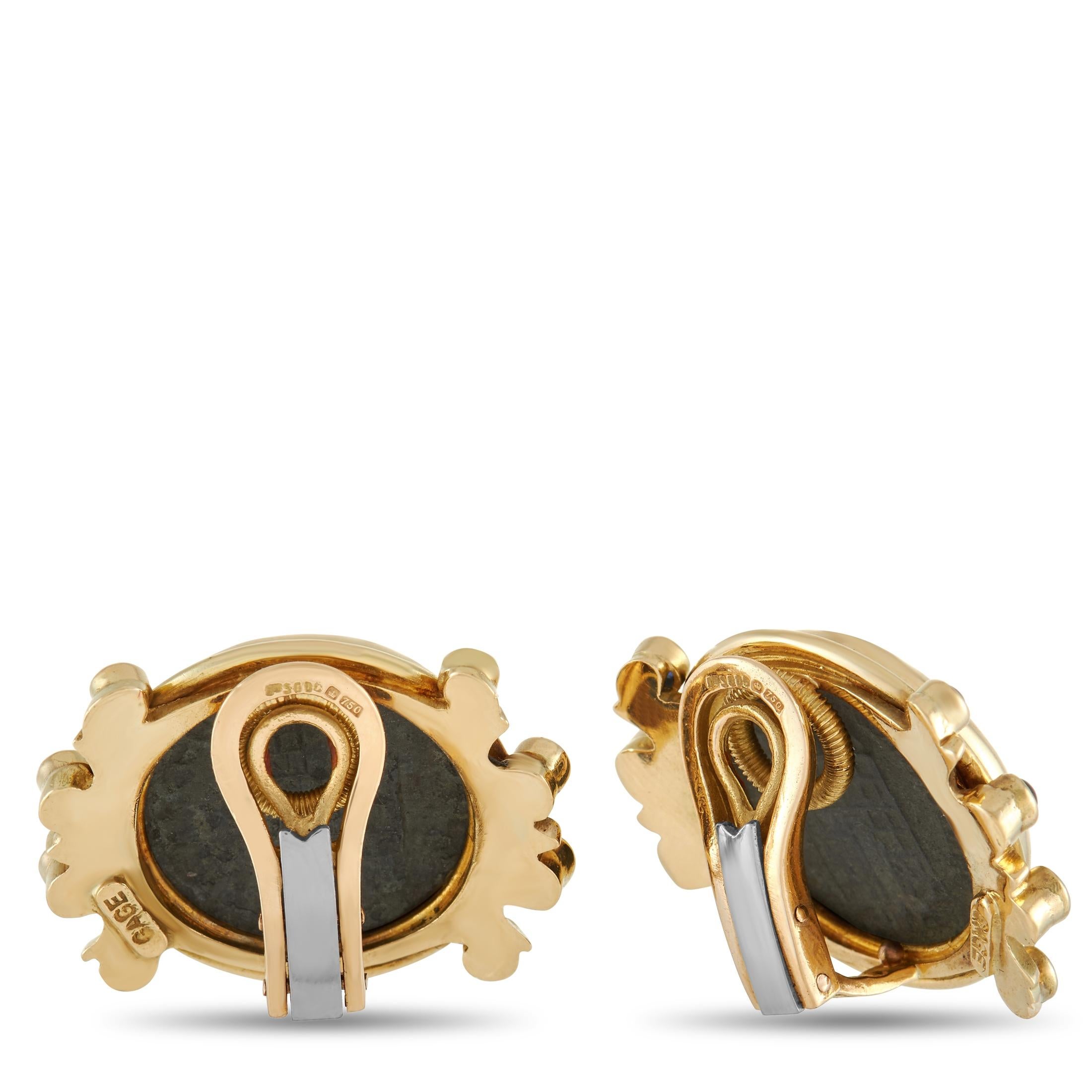 You’ve never seen anything quite like these exquisitely styled earrings from Elizabeth Gage. Set within an 18K Yellow Gold bezel setting, you’ll find authentic bronze coins that hail from ancient Rome, circa 325 AD. Each one measures .75” wide, 1”