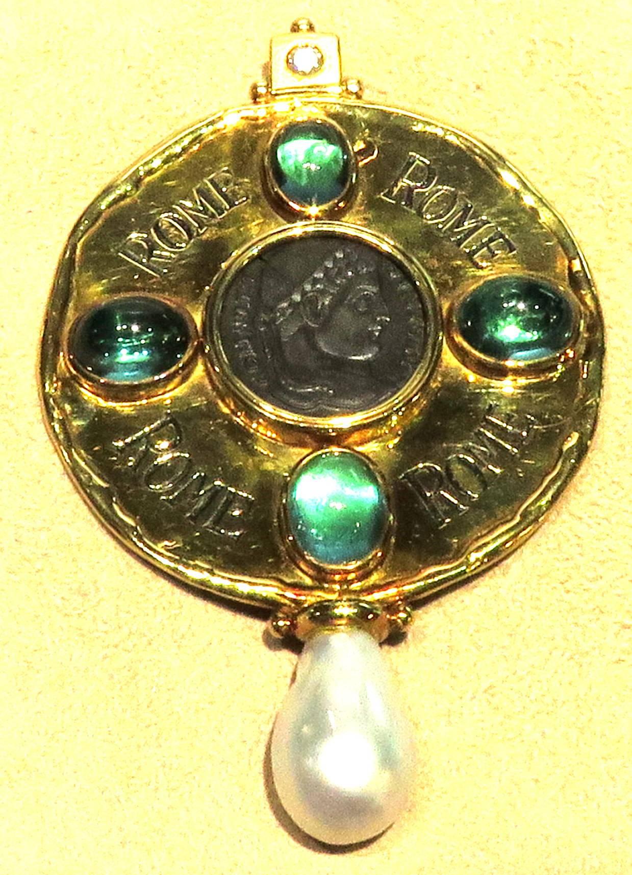  Elizabeth Gage Diamond Ancient Coin Tourmaline Pearl Gold Brooch  8