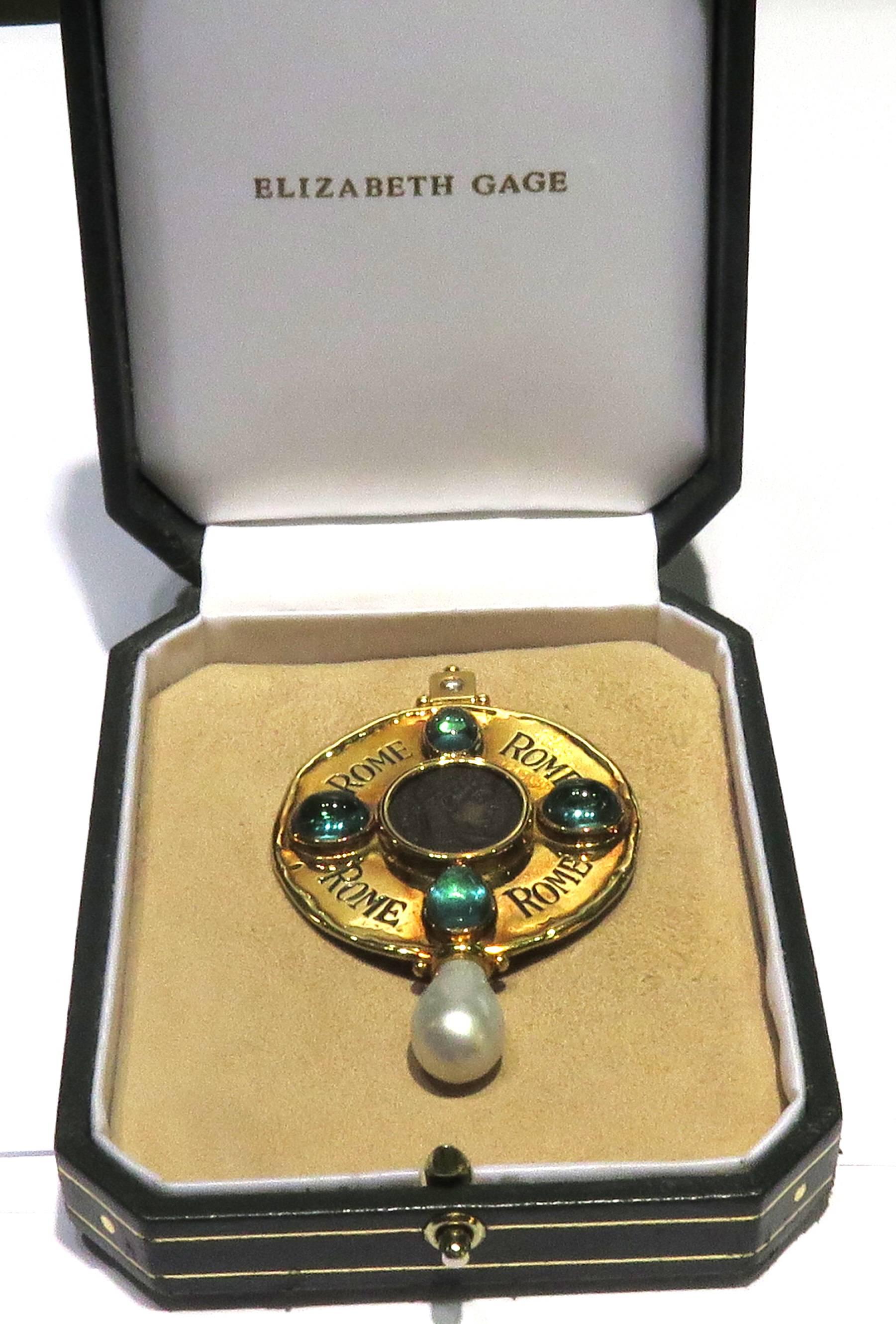  Elizabeth Gage Diamond Ancient Coin Tourmaline Pearl Gold Brooch  9