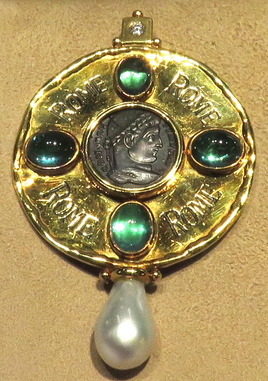  Elizabeth Gage Diamond Ancient Coin Tourmaline Pearl Gold Brooch  10