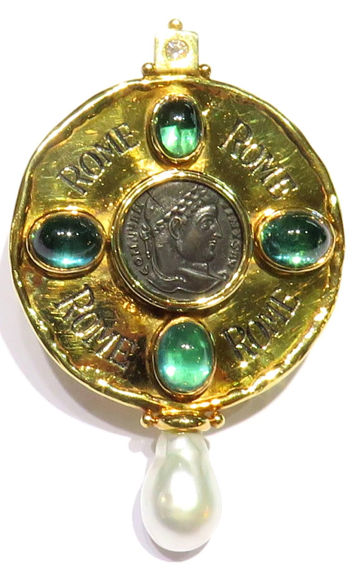  Elizabeth Gage Diamond Ancient Coin Tourmaline Pearl Gold Brooch  11