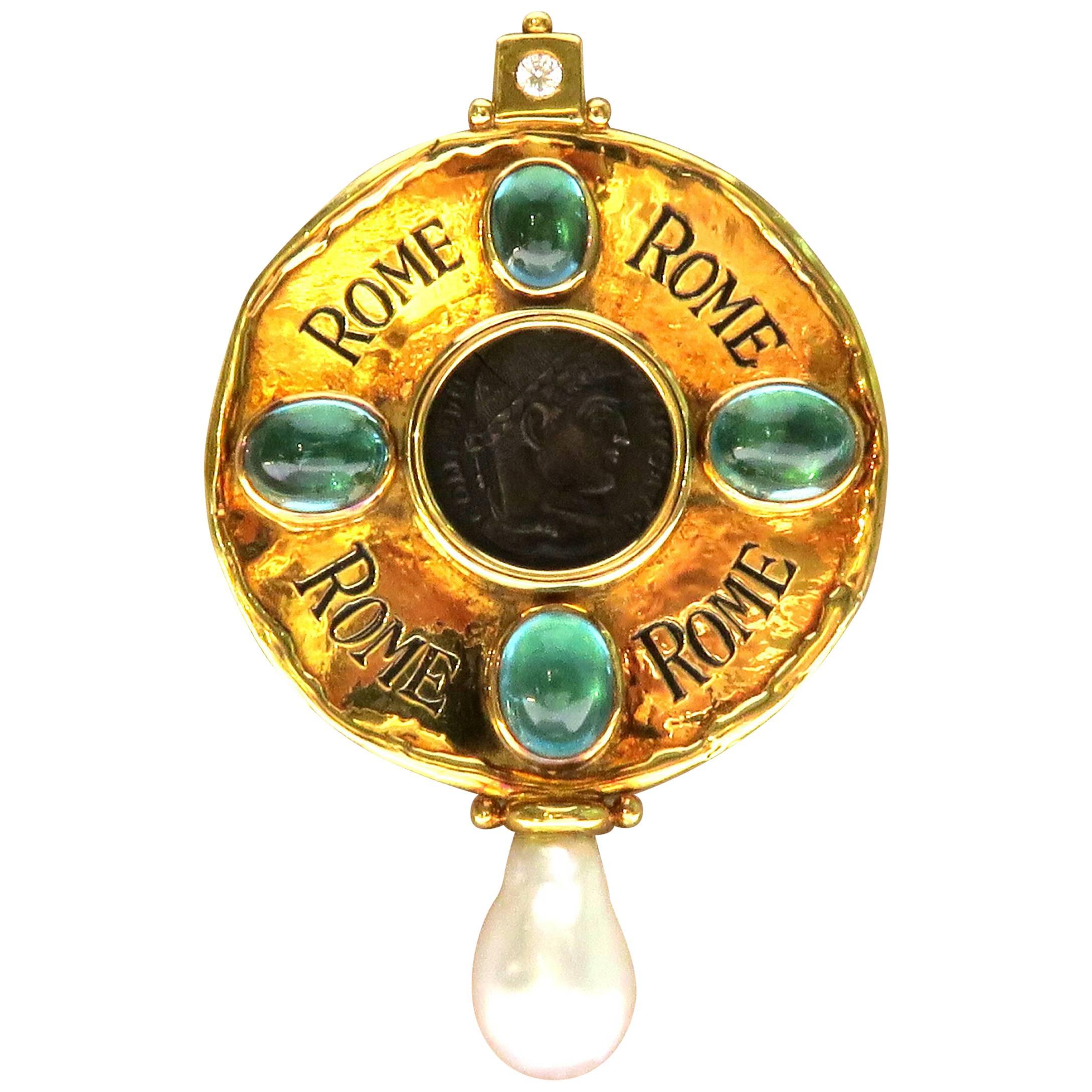  Elizabeth Gage Diamond Ancient Coin Tourmaline Pearl Gold Brooch 