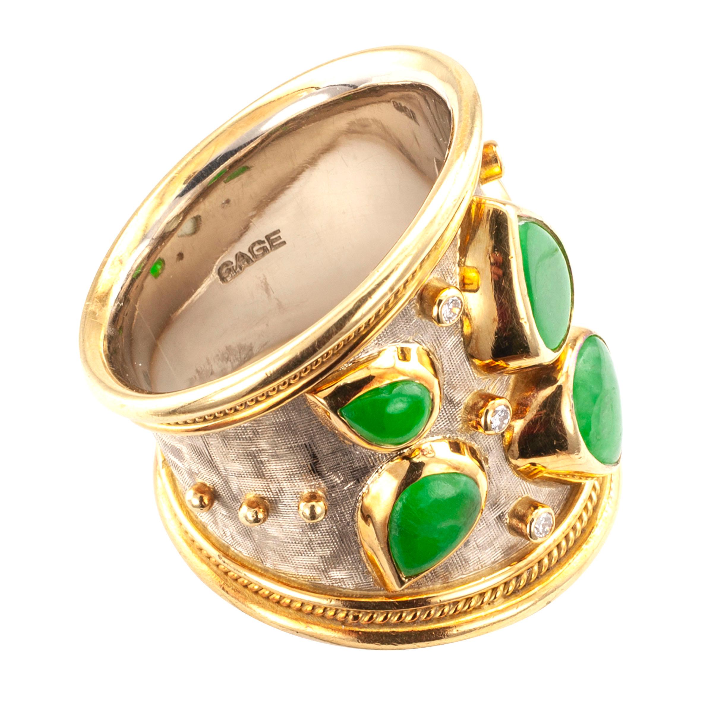 Contemporary Elizabeth Gage Diamond Jadeite Gold Cigar Band Ring