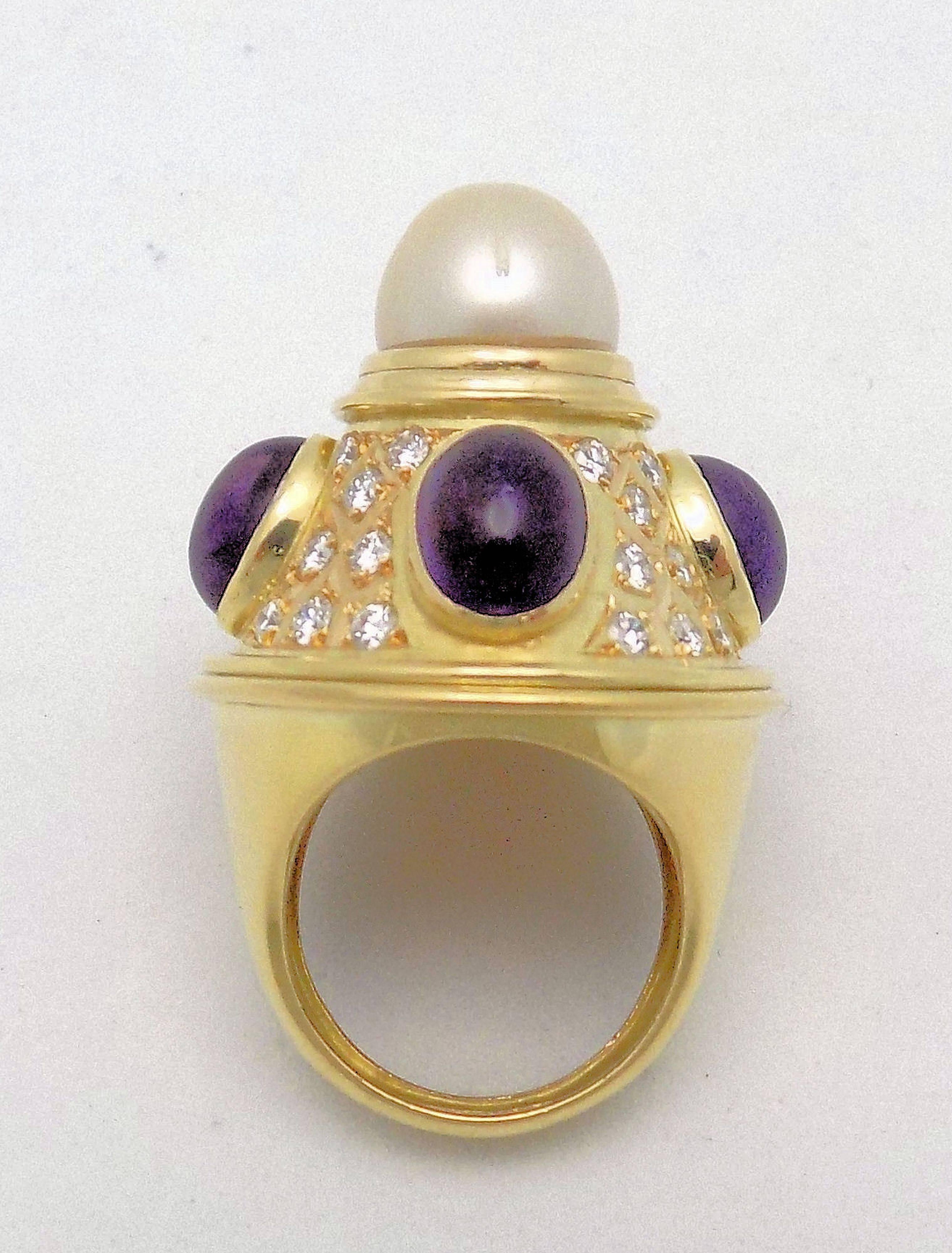 Women's Elizabeth Gage Diamond, Amethyst and Pearl 18 Karat Yellow Gold Ring