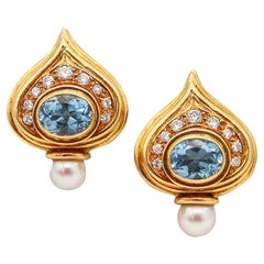 ELIZABETH GAGE Angleterre Clips d'oreilles en or 18 carats avec diamants, topaze et perles