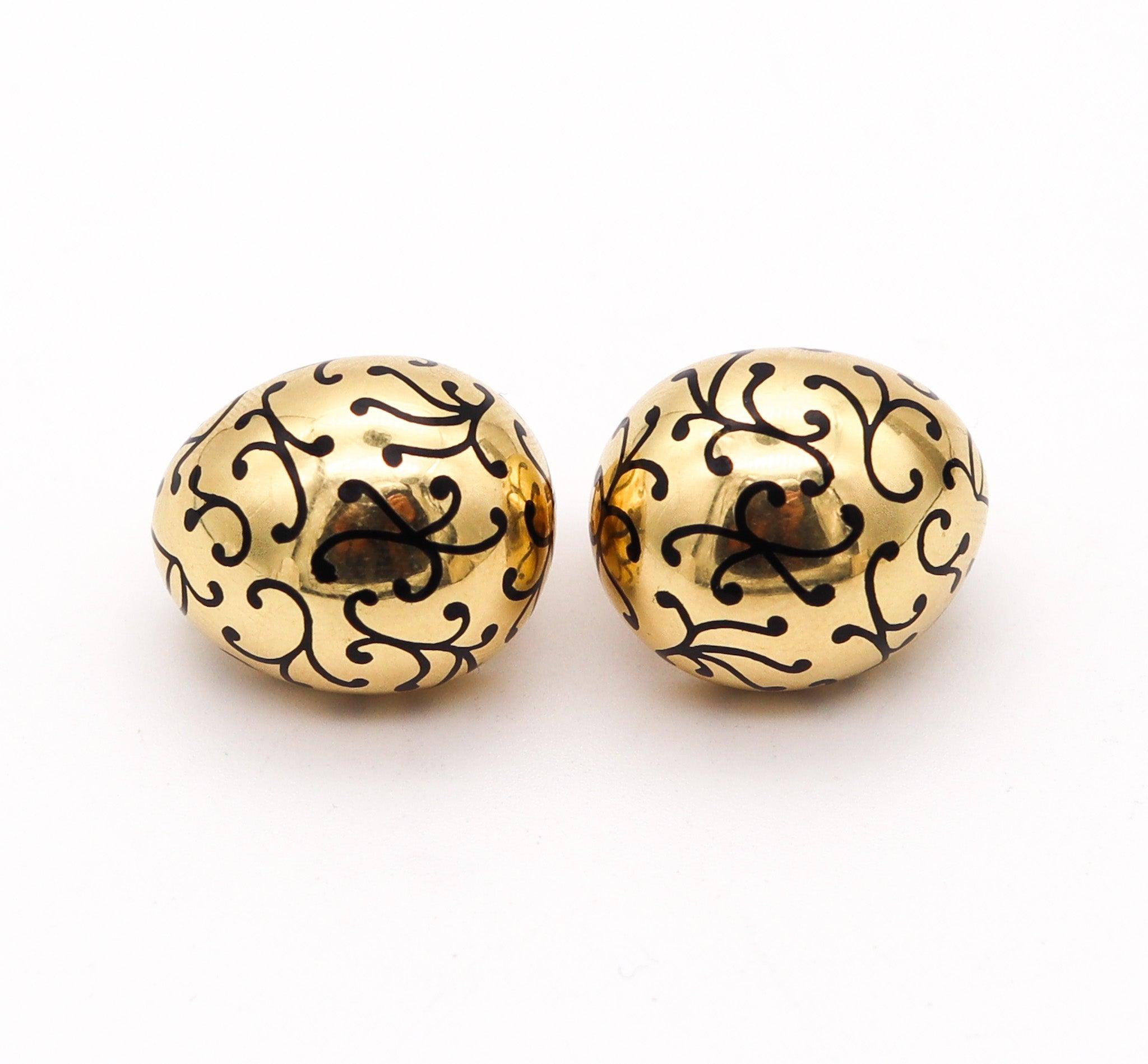 Modernist ELIZABETH GAGE England Enameled Bombe Clips-On Bombe Earrings In 18Kt Gold