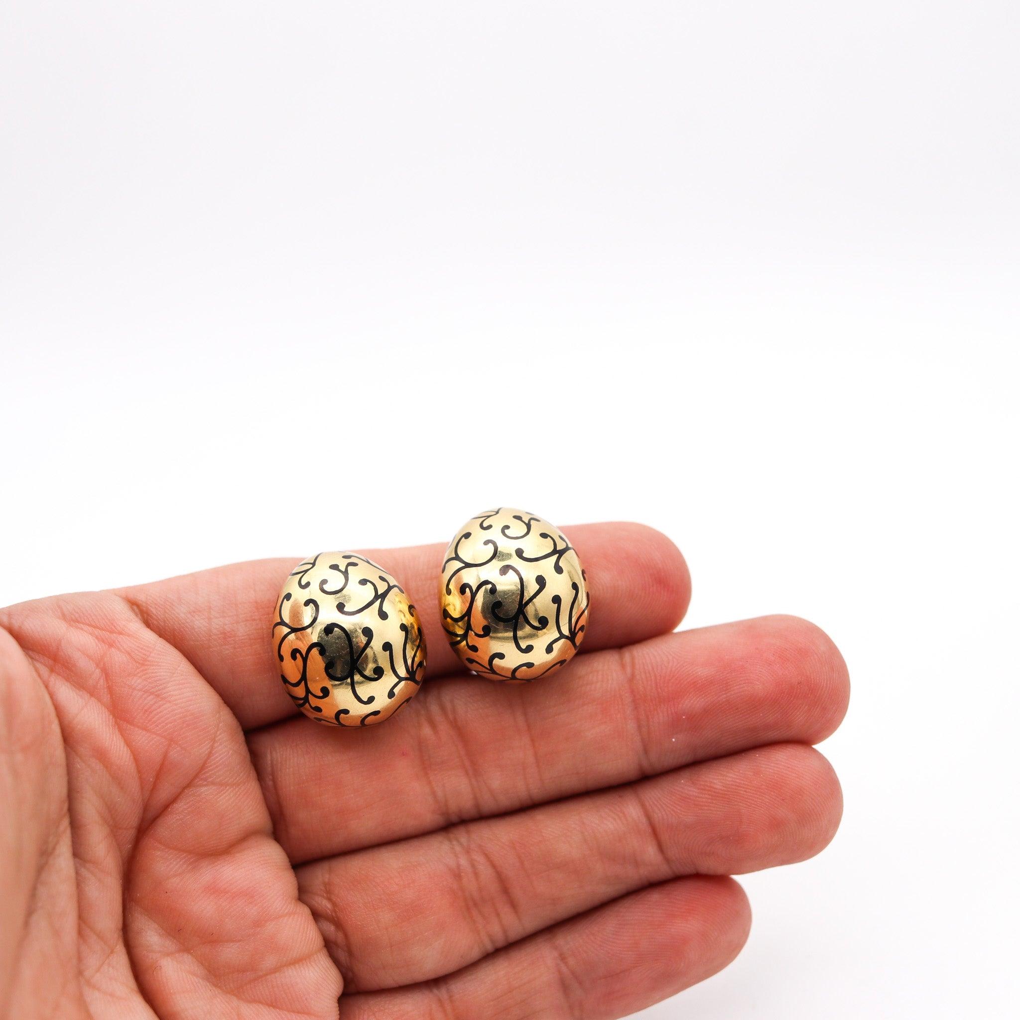 ELIZABETH GAGE England Enameled Bombe Clips-On Bombe Earrings In 18Kt Gold 1