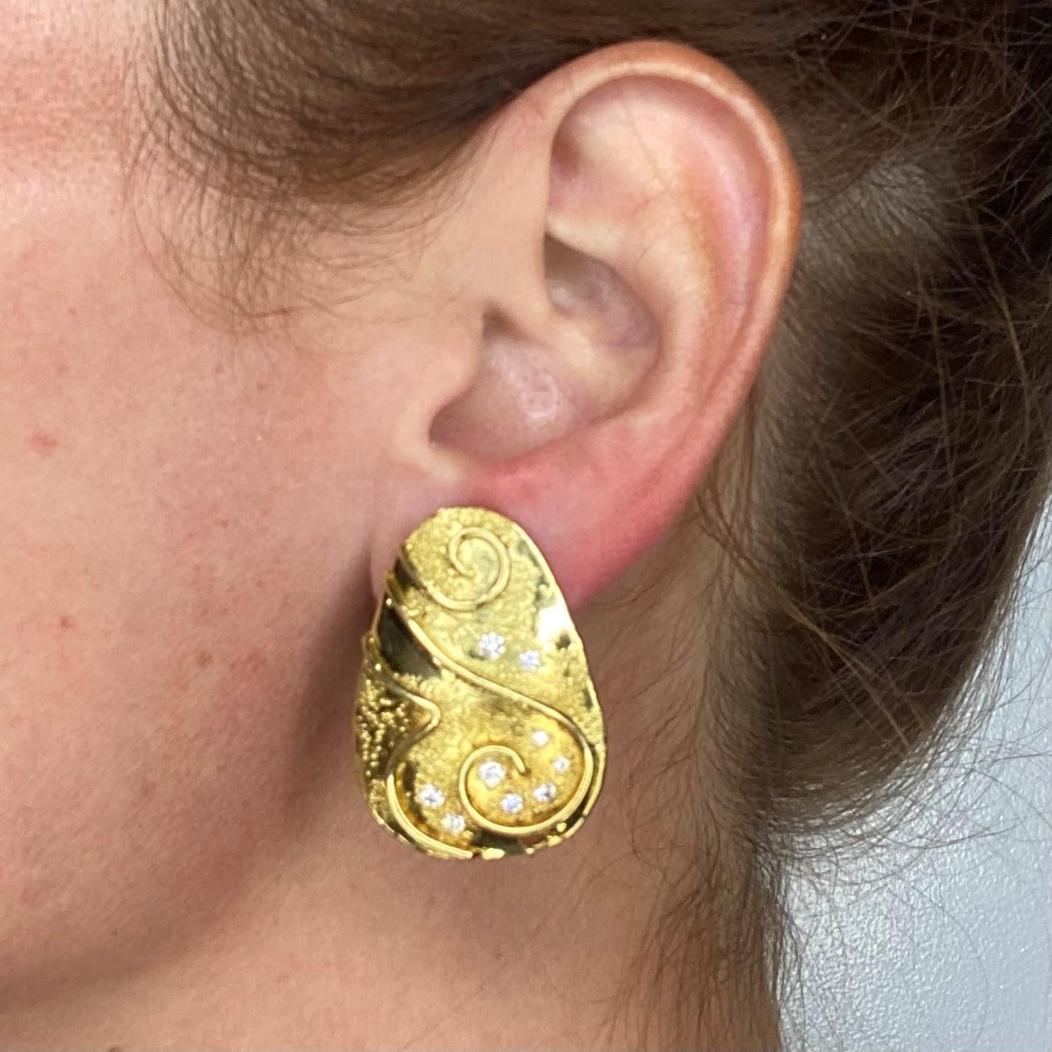 Brilliant Cut Elizabeth Gage England Naive Sculptural Clip on Earrings 18kt Gold and Diamonds For Sale