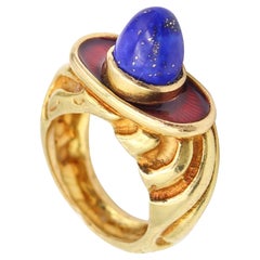 ELIZABETH GAGE England Sculptural Enameled Ring In 18Kt Gold With Lapis Lazuli