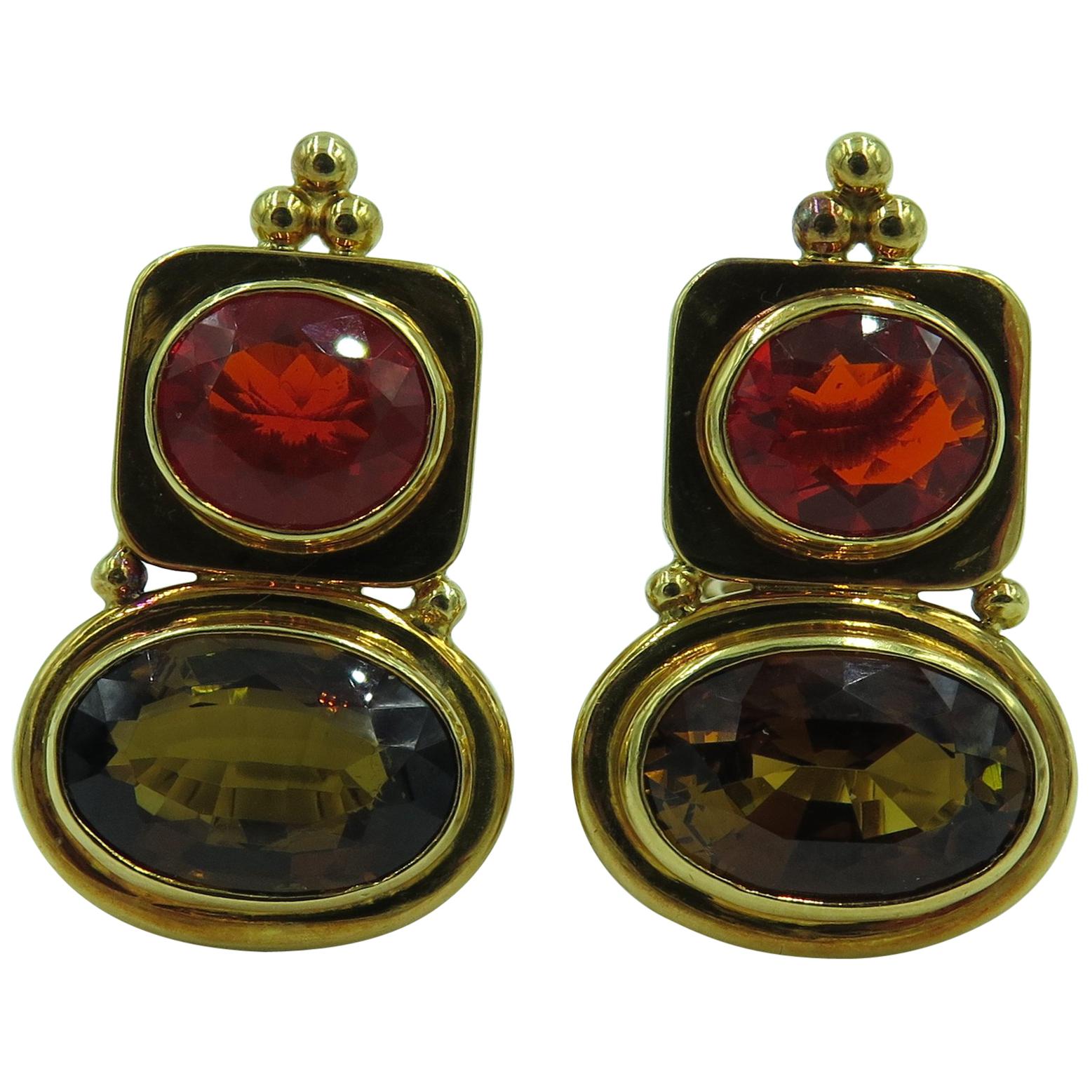 Elizabeth Gage Fire Opal, Andalusite and Gold Earrings