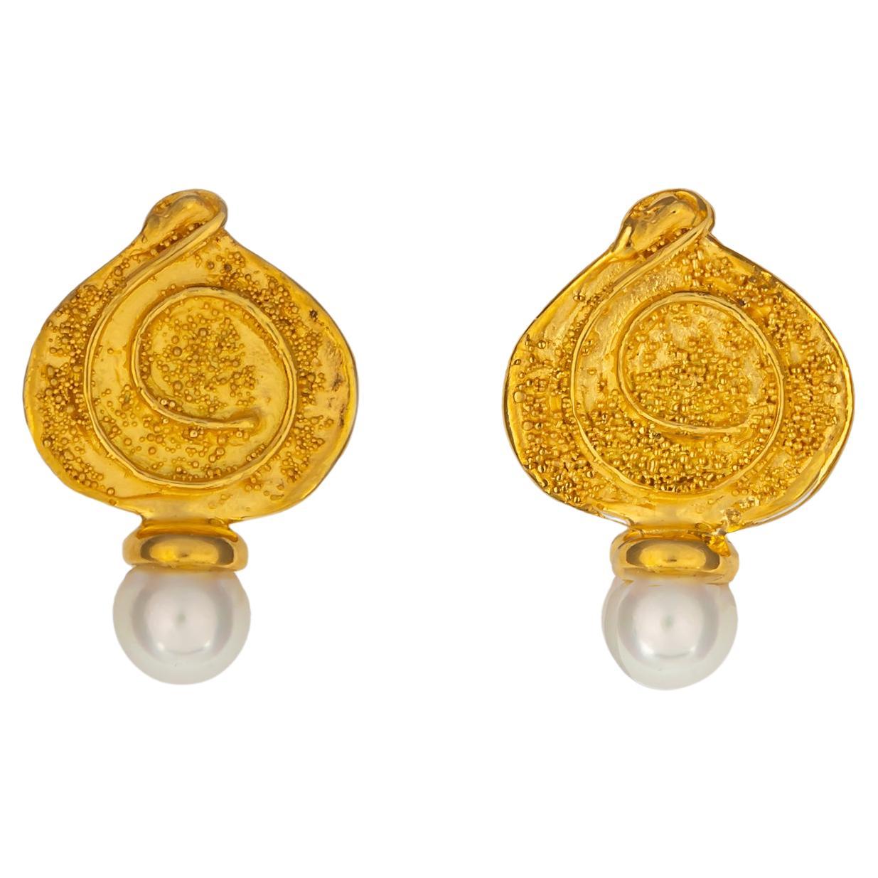 Elizabeth Gage Gold and Pearl Earrings