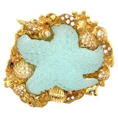 Vintage Elizabeth Gage Gold, Aquamarine, Mother of Pearl and Diamond Starfish Brooch