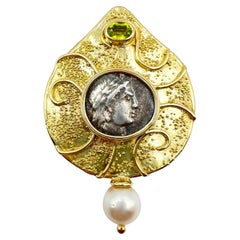 Elizabeth Gage Gold Peridot Pearl Ancient Coin Pin