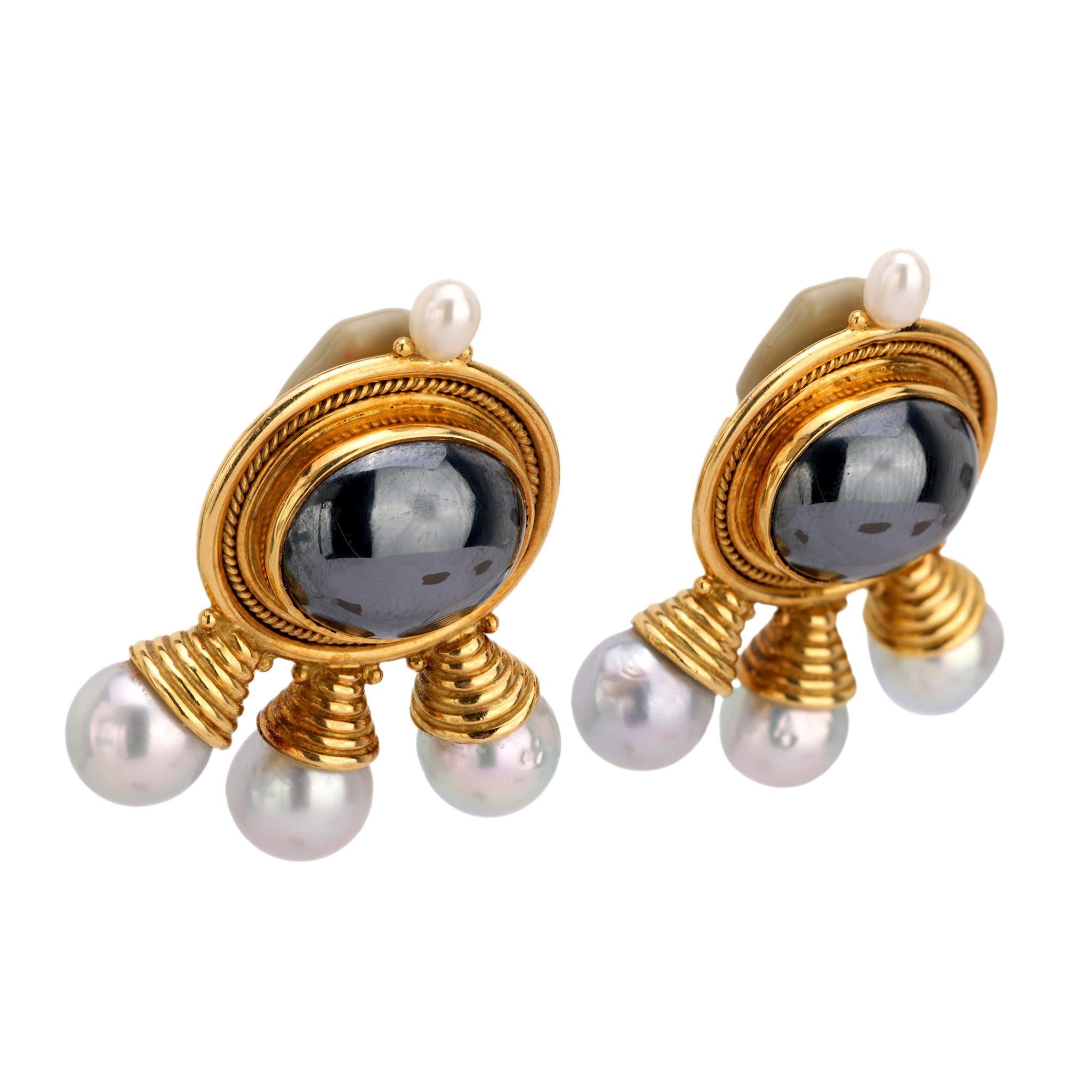 Victorian Elizabeth Gage hematite pearl 18k yellow gold earrings