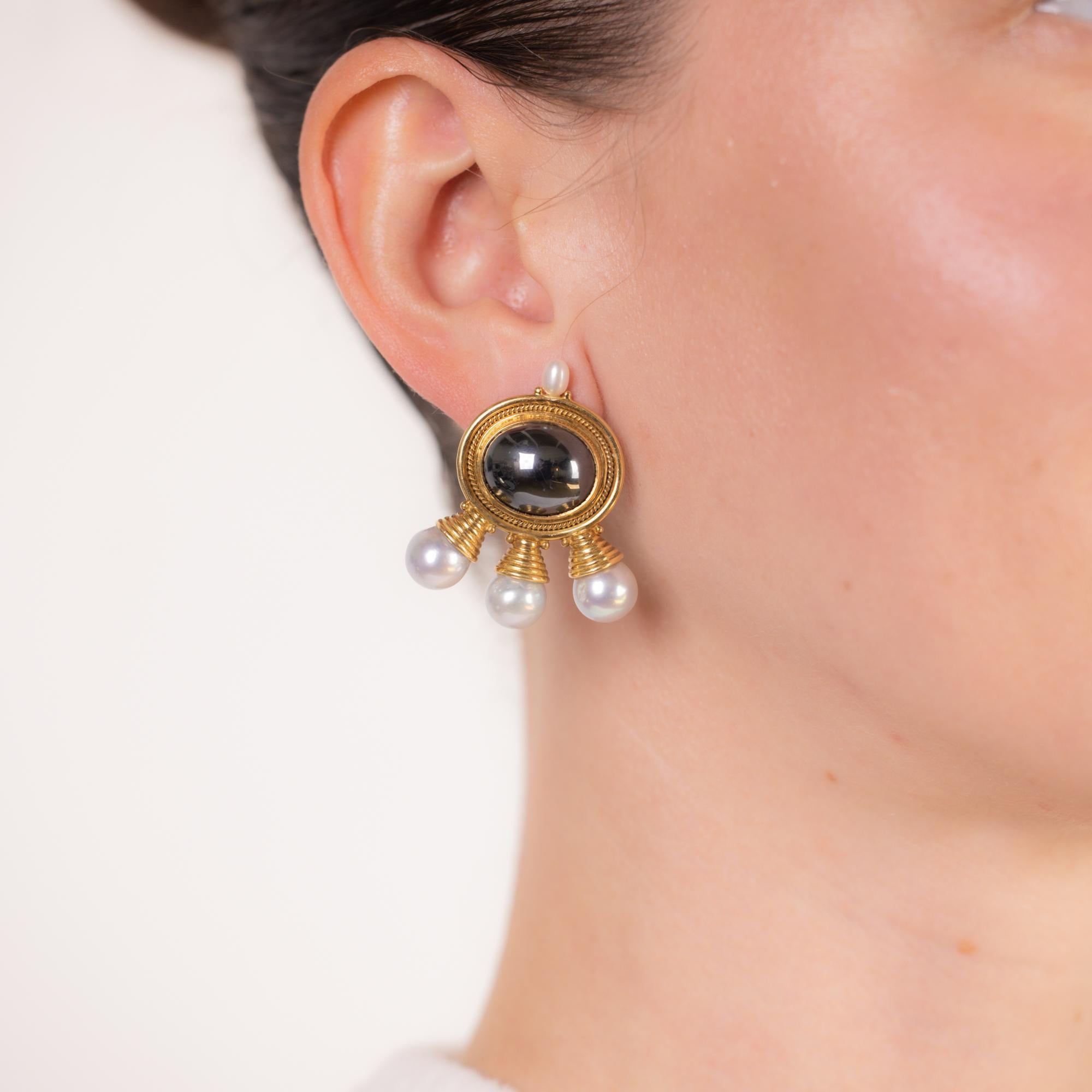 Cabochon Elizabeth Gage hematite pearl 18k yellow gold earrings