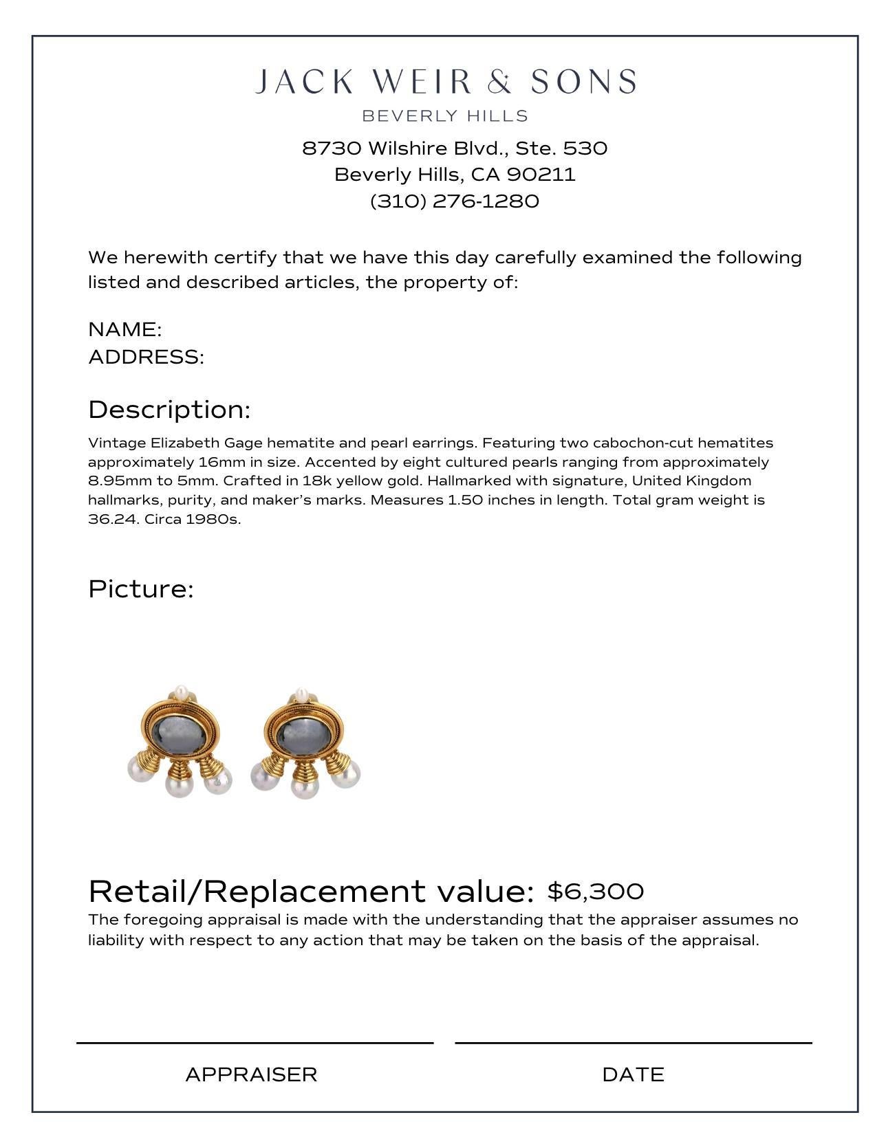 Elizabeth Gage hematite pearl 18k yellow gold earrings In Excellent Condition In Beverly Hills, CA