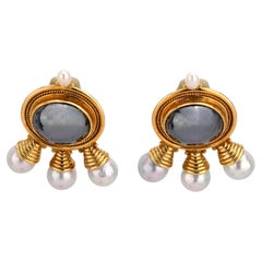 Elizabeth Gage hematite pearl 18k yellow gold earrings