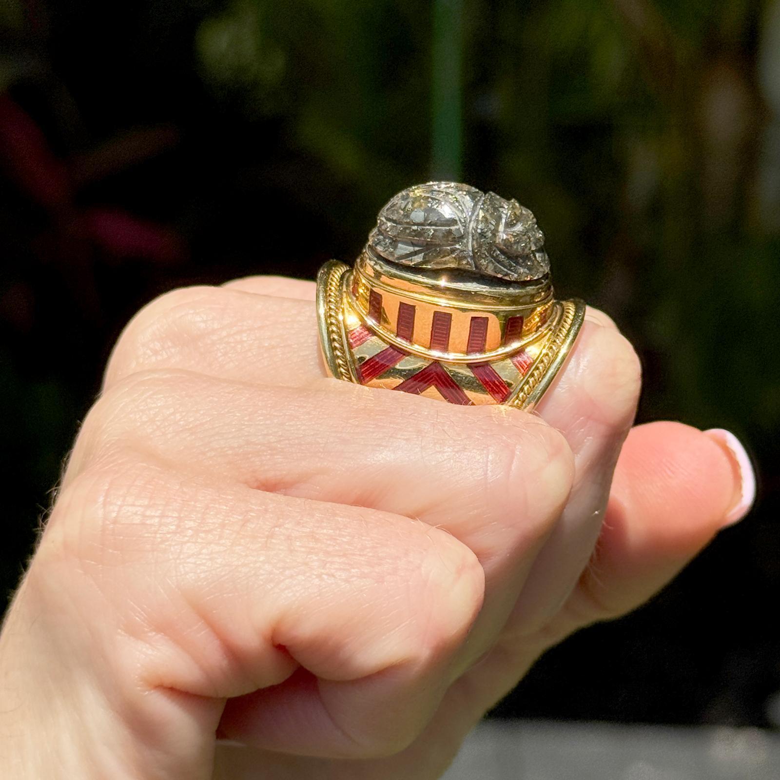 Modern Elizabeth Gage Labradorite Scarab Templar Ring  18 Karat Yellow Gold Enamel For Sale