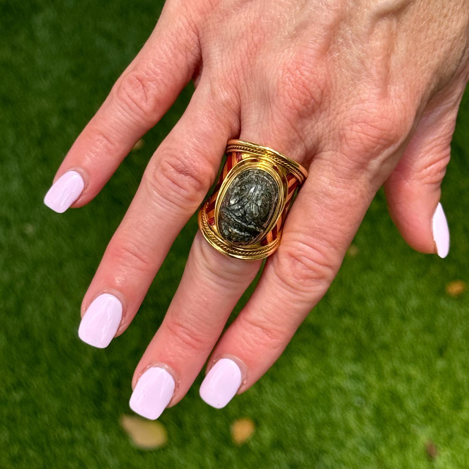 Cabochon Elizabeth Gage Labradorite Scarab Templar Ring  18 Karat Yellow Gold Enamel For Sale
