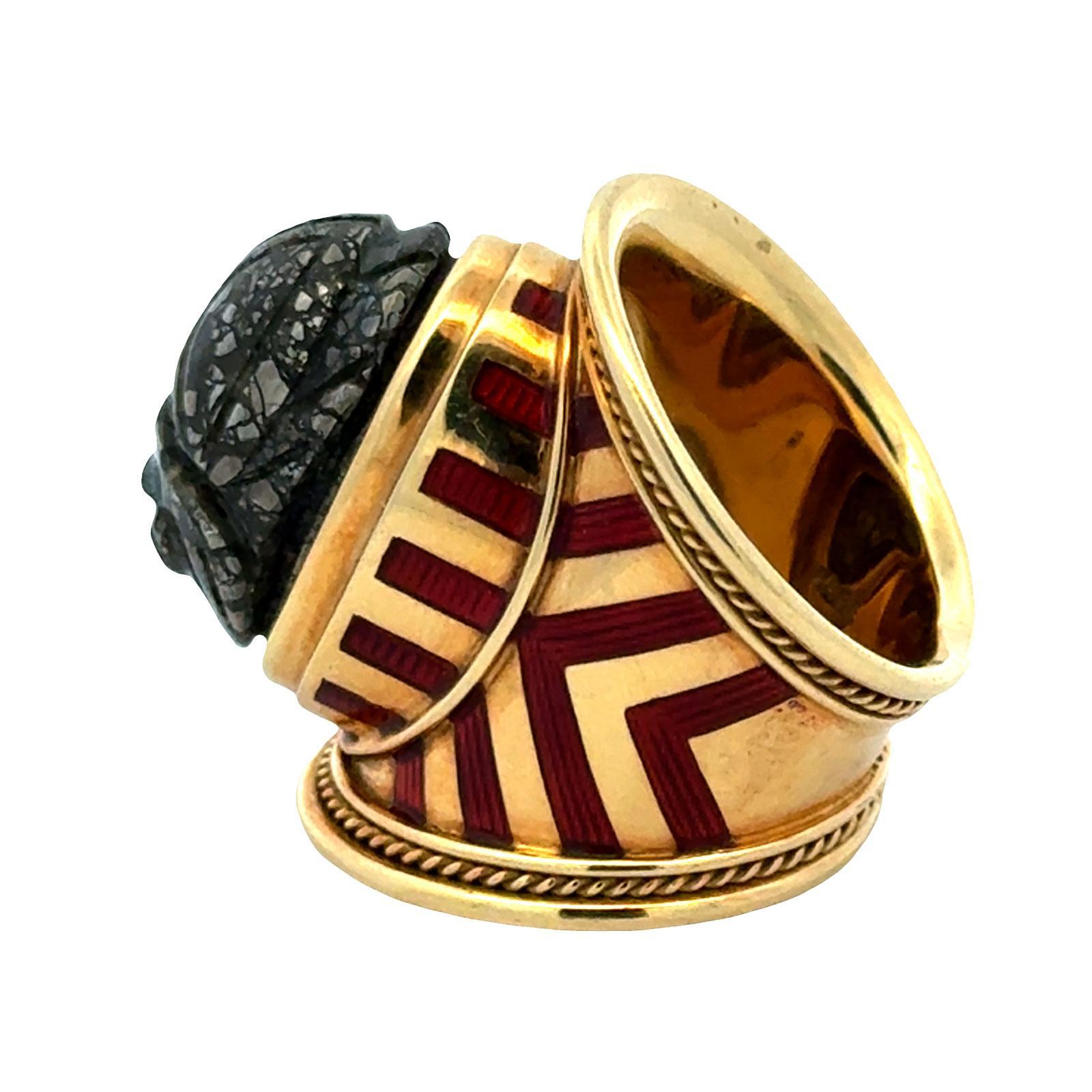 Elizabeth Gage Labradorite Scarab Templar Ring  18 Karat Yellow Gold Enamel For Sale 1
