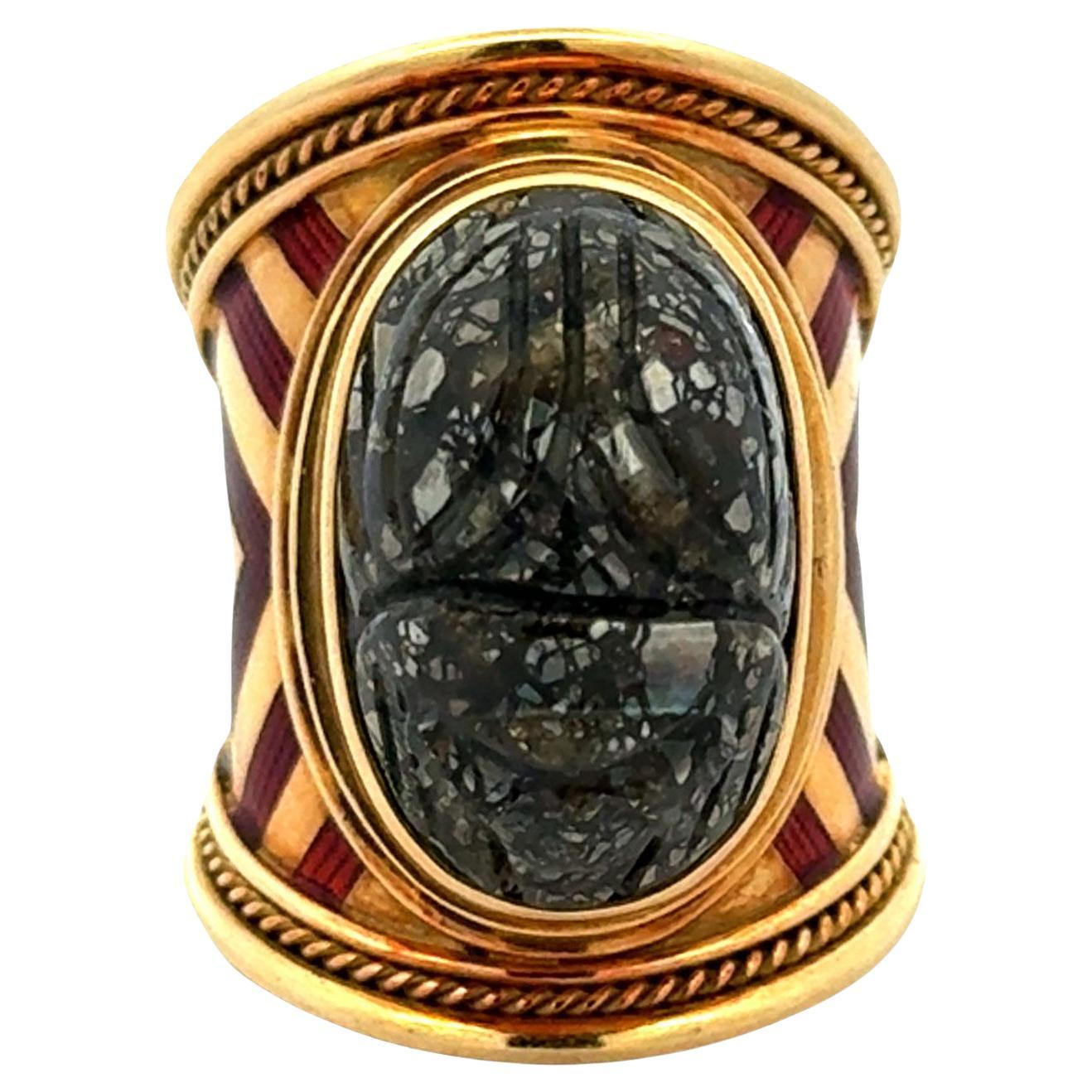 Elizabeth Gage Labradorite Scarab Templar Ring  18 Karat Yellow Gold Enamel For Sale