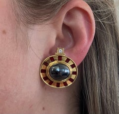 Elizabeth Gage Large Hematite and Red Enamel Earrings 18K Yellow Gold