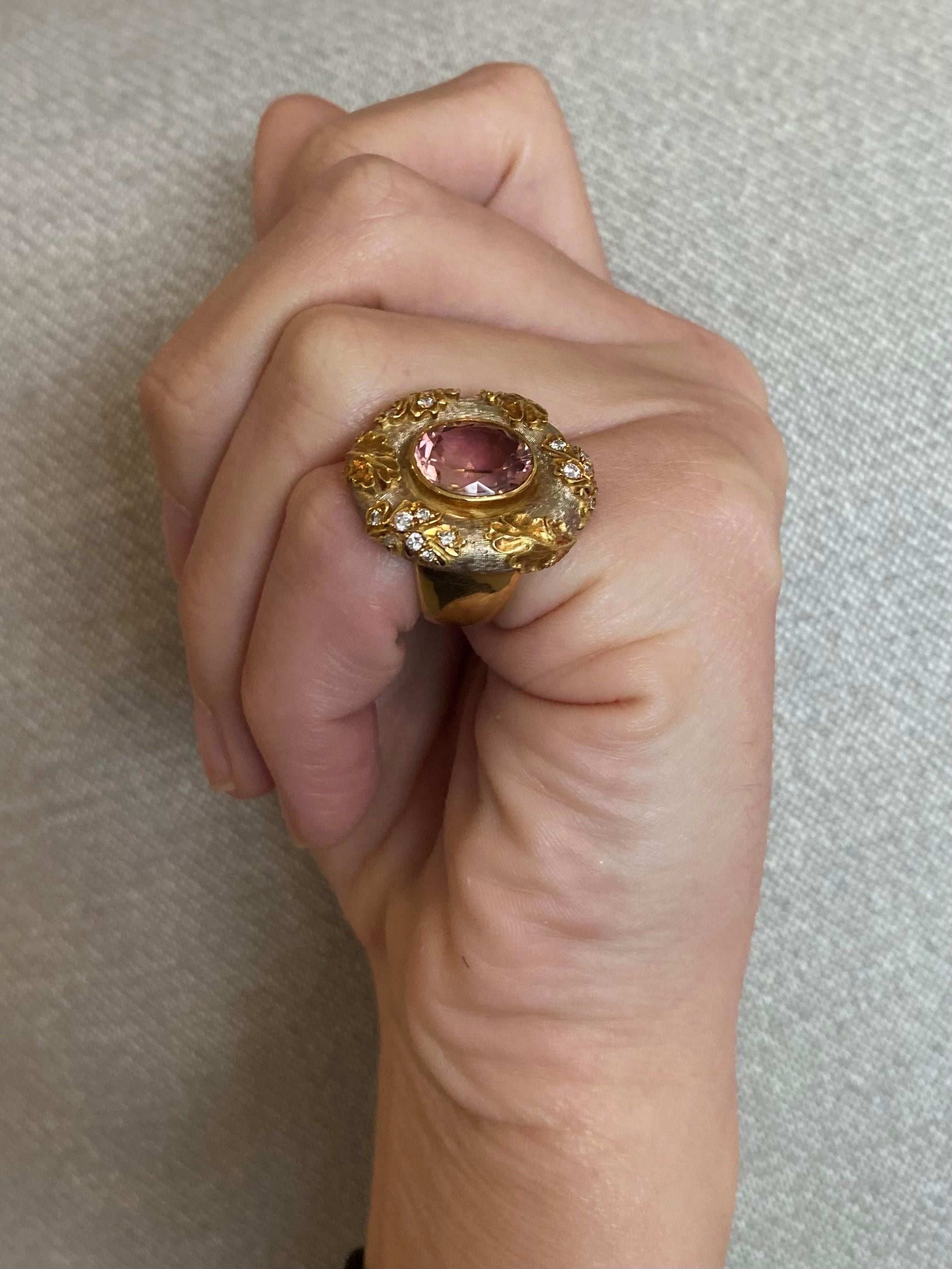Baroque Revival Elizabeth Gage London Cocktail Ring in 18Kt Gold 6.95 Cts Diamonds & Rose Topaz