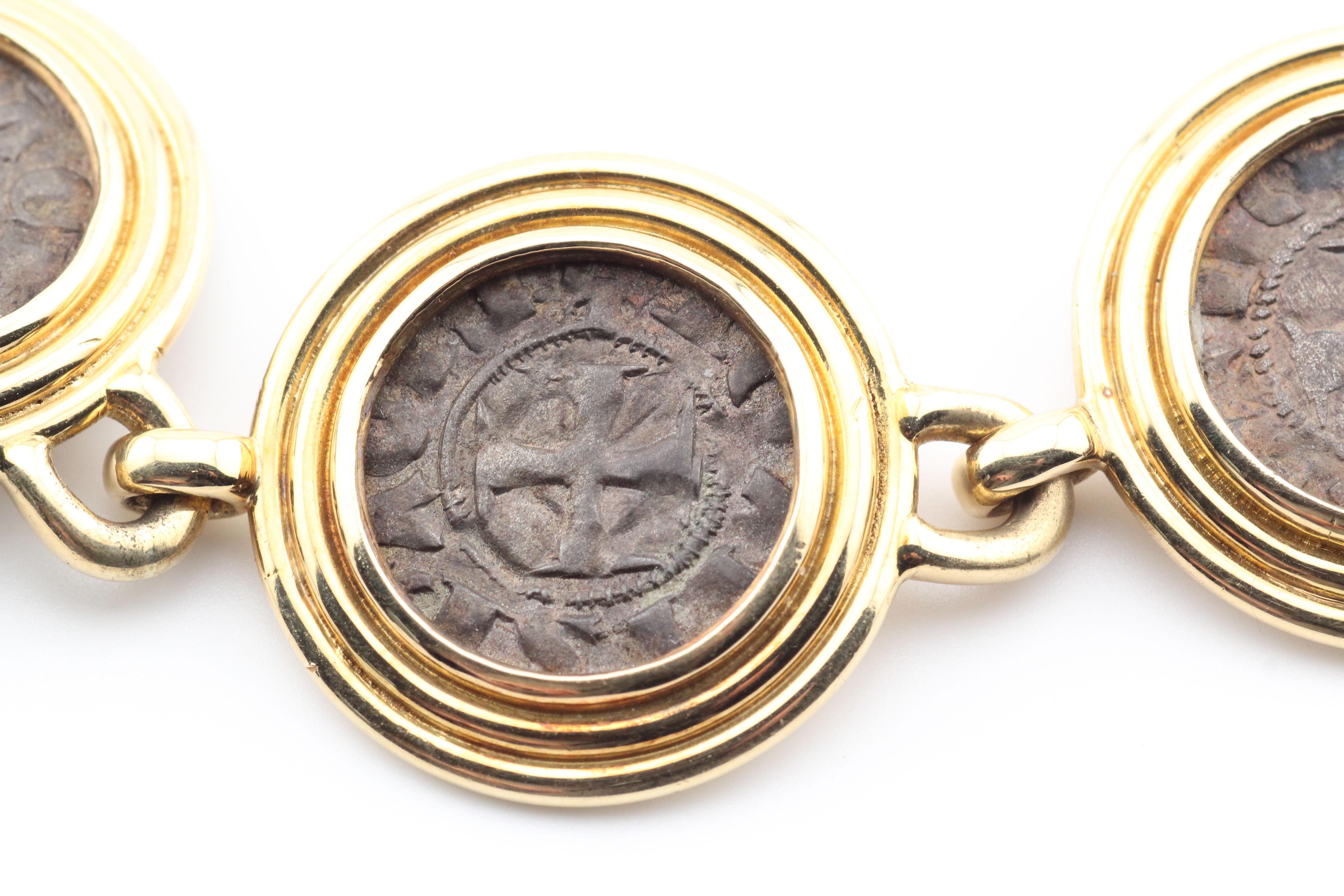 Women's or Men's Elizabeth Gage Medieval Coin 18Karat Yellow Gold Link Bracelet For Sale