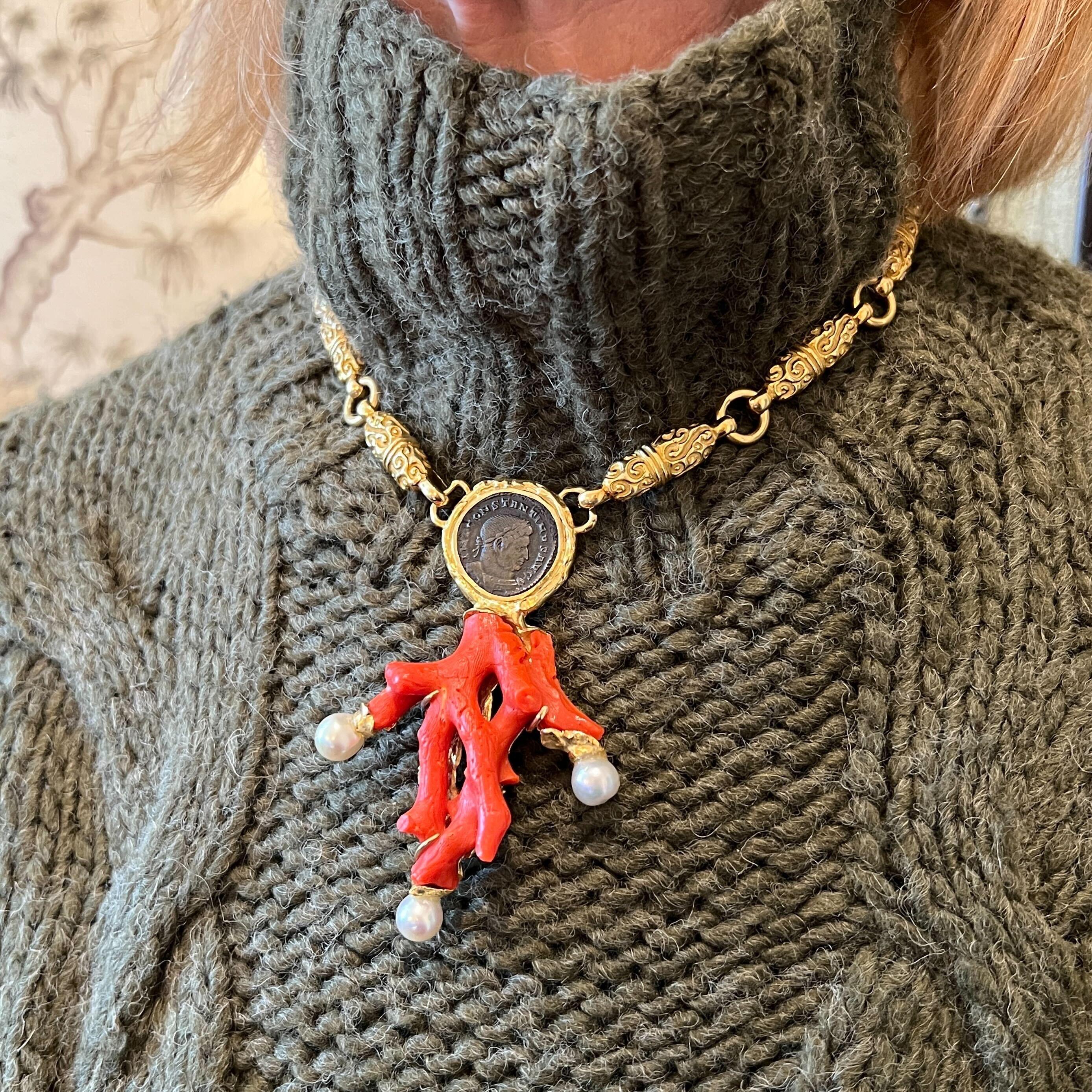 ELIZABETH GAGE Pearl, Coral, Coin and Gold Necklace In Excellent Condition In New York, NY