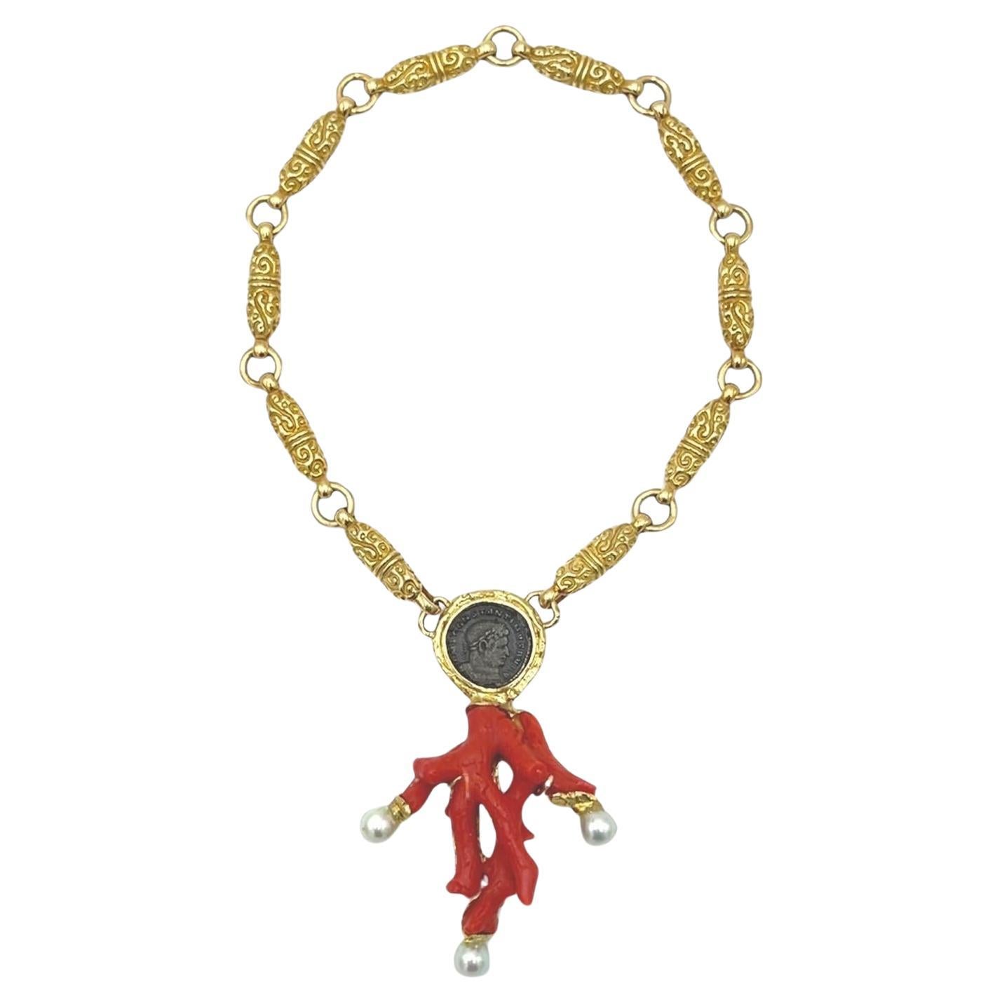 ELIZABETH GAGE Pearl, Coral, Coin and Gold Necklace  For Sale